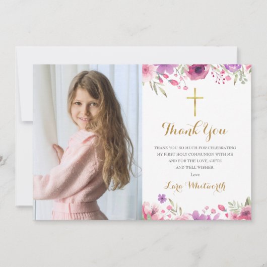 Carte De Remerciements Fleurs de prairie Floral Première Sainte Communion (Devant)