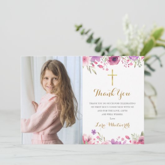 Carte De Remerciements Fleurs de prairie Floral Première Sainte Communion (Debout devant)