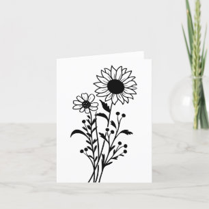 Carte De Remerciements Fleurs de soleil florales Noir Blanc Aimer Penser