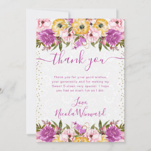 Carte De Remerciements Fleurs d'été roses et jaunes Sweet Sixteen