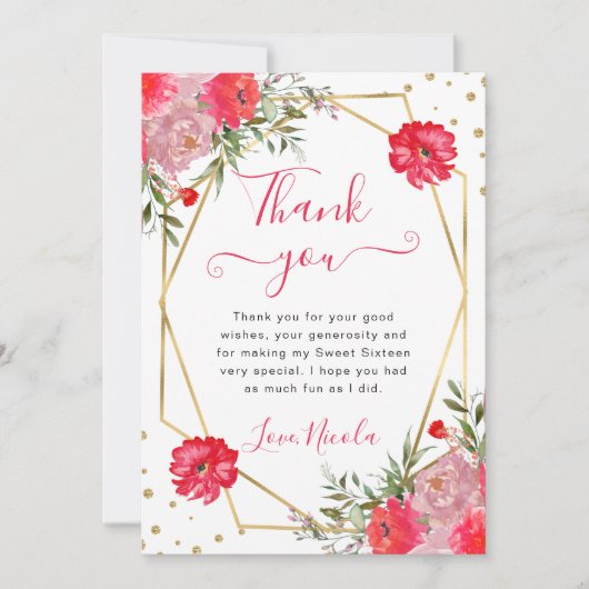 Carte De Remerciements Fleurs d'été roses Frame Sweet 16 (Devant)