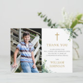Carte De Remerciements Fleurs d'eucalyptus Monogramme Confirmation (Debout devant)