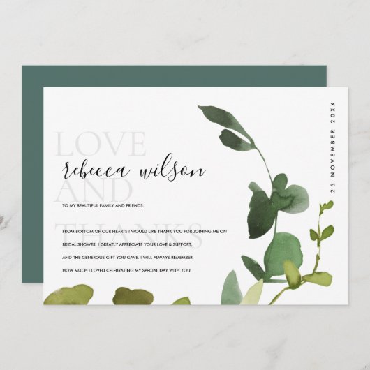 Carte De Remerciements Fleurs d'eucalyptus vert moderne pour Baby Shower (Devant / Derrière)