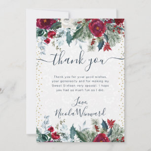 Carte De Remerciements Fleurs d'hiver rouges et blanches Sweet 16