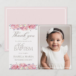 Carte De Remerciements Fleurs d'hortensia roses élégantes Photo de baptêm