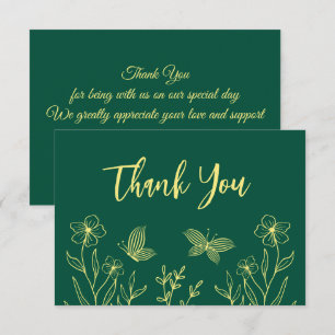 Carte De Remerciements Fleurs d'or simple mariage émeraude