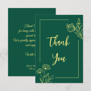 Carte De Remerciements Fleurs d'or simple mariage émeraude