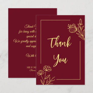 Carte De Remerciements Fleurs d'or simples mariage bordeaux