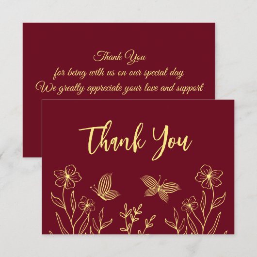 Carte De Remerciements Fleurs d'or simples mariage bordeaux (Devant / Derrière)