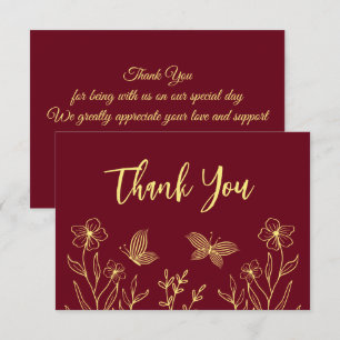 Carte De Remerciements Fleurs d'or simples mariage bordeaux