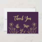 Carte De Remerciements Fleurs dorées simples mariage violet (Devant)
