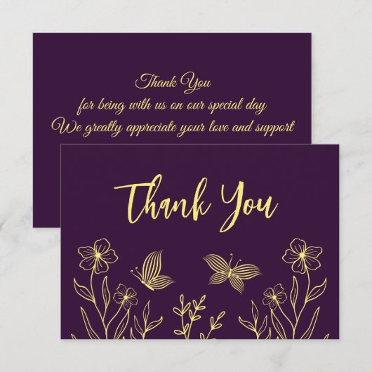 Carte De Remerciements Fleurs dorées simples mariage violet (Devant / Derrière)