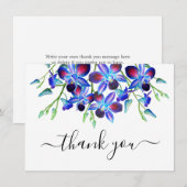 Carte De Remerciements Fleurs Élégantes Aquarelle Orchidées Bleues Script (Devant / Derrière)
