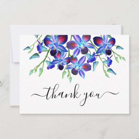 Carte De Remerciements Fleurs Élégantes Aquarelle Orchidées Bleues Script (Devant)