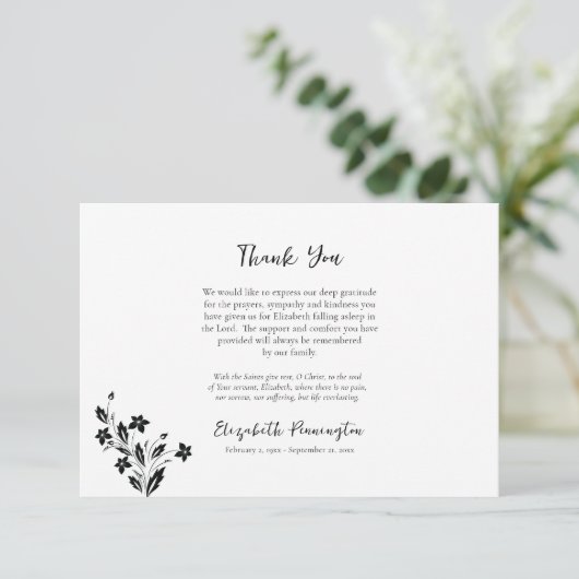 Carte De Remerciements Fleurs élégantes noires et blanches enterrement or (Debout devant)