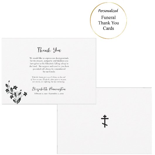 Carte De Remerciements Fleurs élégantes noires et blanches enterrement or