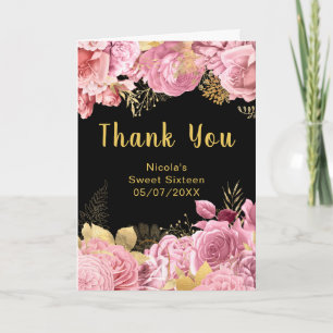 Carte De Remerciements Fleurs élégantes roses et dorées Sweet Sixteen