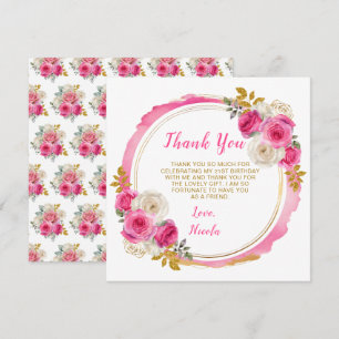 Carte De Remerciements Fleurs élégantes roses et or chaud Anniversaire