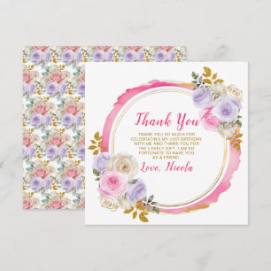Carte De Remerciements Fleurs élégantes roses et violettes pour anniversa