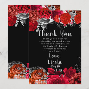 Carte De Remerciements Fleurs élégantes rouges et argentées Sweet Sixteen