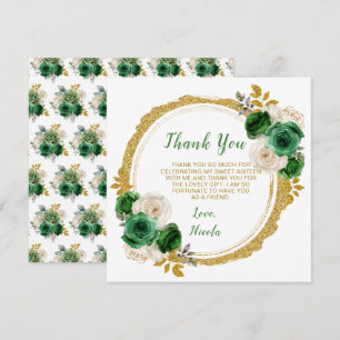 Carte De Remerciements Fleurs élégantes Sweet sixteen vert foncé et or