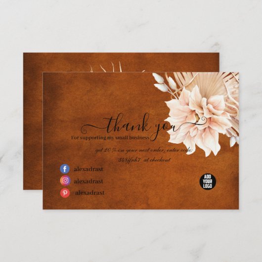 Carte De Remerciements Fleurs en terre cuite et Pampas Grass Business (Devant / Derrière)