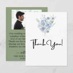 Carte De Remerciements fleurs et feuilles aquarelles bleu poussiéreux rus