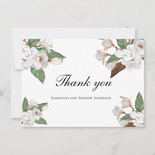 Carte De Remerciements Fleurs florales de Magnolia blanc Mariage de verdu (Devant)