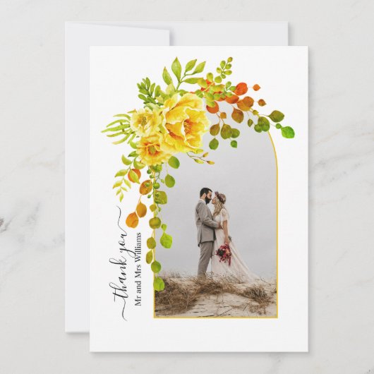Carte De Remerciements Fleurs jaunes, arche avec mariage de automne photo (Devant)