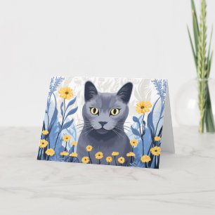Carte De Remerciements Fleurs Jaunes Chat Bleu Russe