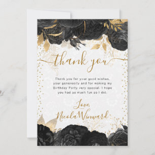 Carte De Remerciements Fleurs noir et or aquarelle Anniversaire
