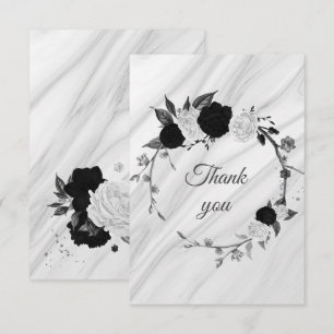 Carte De Remerciements fleurs noires et blanches marbre botanique