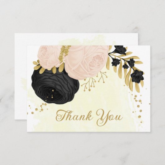 Carte De Remerciements fleurs noires et roses or mariage botanique (Devant / Derrière)