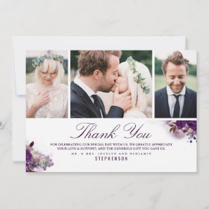 Carte De Remerciements Fleurs pourpres d'aubergine Mariage 3 Photos