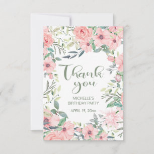 Carte De Remerciements Fleurs rose blush, feuilles vert sauge Sweet 16