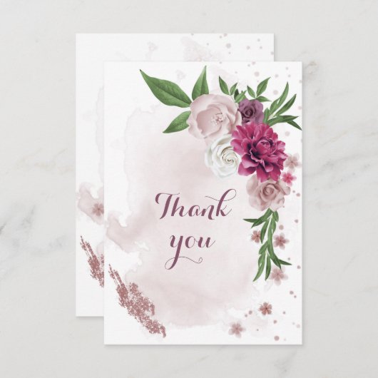 Carte De Remerciements fleurs rose mauve verdure (Devant / Derrière)