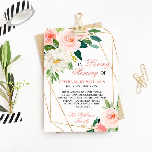 Carte De Remerciements Fleurs rose pâle Mémoire de Sympathie