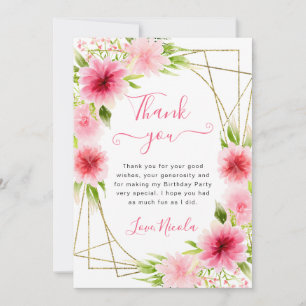 Carte De Remerciements Fleurs roses aquarelle cadre doré Anniversaire