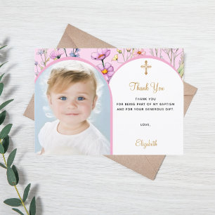 Carte De Remerciements Fleurs roses arche photo fille croix Baptême