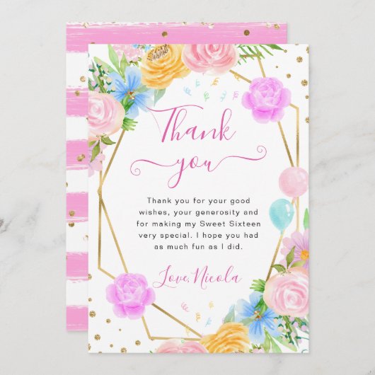 Carte De Remerciements Fleurs roses bleues jaunes Cadre doré Sweet 16 (Devant / Derrière)