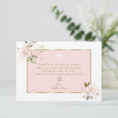Carte De Remerciements Fleurs Roses Blush Gold Frame Cross Baptême (Debout devant)