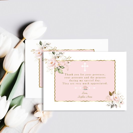 Carte De Remerciements Fleurs Roses Blush Gold Frame Cross Baptême