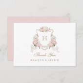 Carte De Remerciements Fleurs Roses Blush Végétalisation Blason Monogramm (Devant / Derrière)
