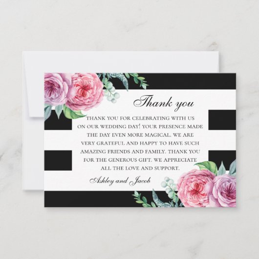 Carte De Remerciements Fleurs roses Boho. Mariage à fleurs noir et blanc (Devant)