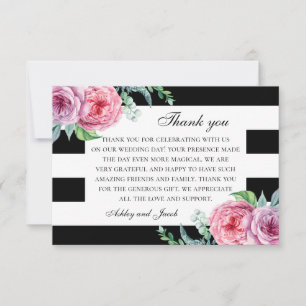 Carte De Remerciements Fleurs roses Boho. Mariage à fleurs noir et blanc