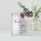 Carte De Remerciements Fleurs roses bordeaux argentées (Debout devant)