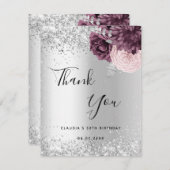 Carte De Remerciements Fleurs roses bordeaux argentées (Devant / Derrière)