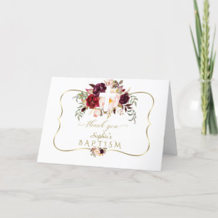 Carte De Remerciements Fleurs roses de Bourgogne Or Croix blanche Baptême