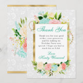 Carte De Remerciements Fleurs roses et de menthe Or Anniversaire (Devant / Derrière)