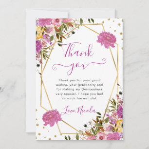 Carte De Remerciements Fleurs roses et jaunes Cadre Quinceanera
